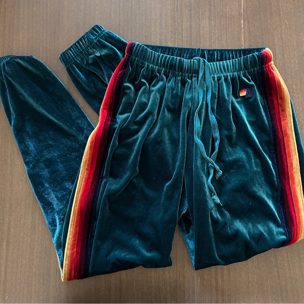 Aviator Nation Classic Teal Velvet Track Pants with Rainbow Side Stripes
